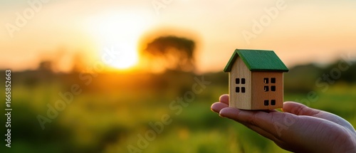 The House Model Held in a Hand at Sunset Symbolizing Home Ownership and Investment