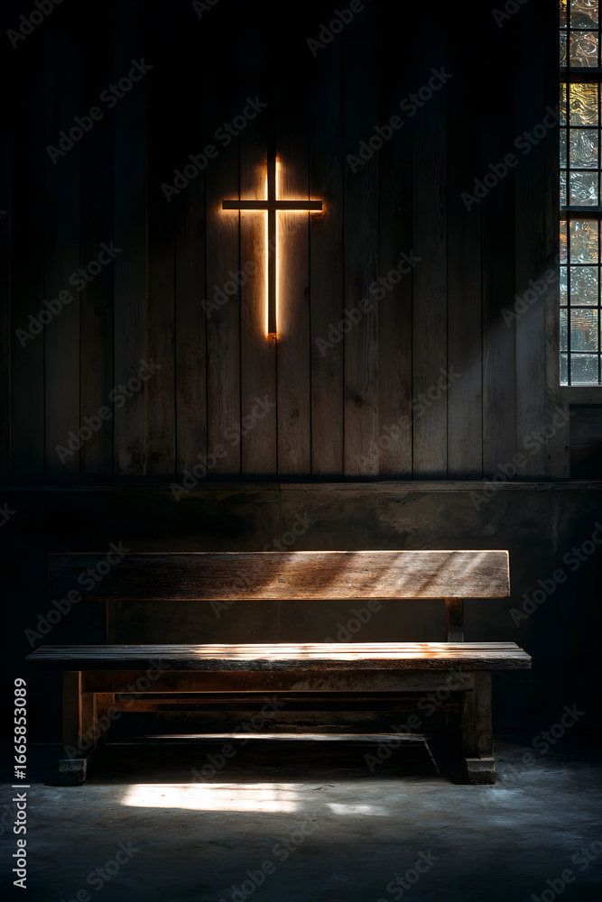 custom made wallpaper toronto digitalAn empty wooden bench inside a small chapel, with a glowing cross at the front illuminated by sunlight, evoking prayer, reflection, and peace