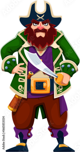 Cartoon pirate and corsair captain ship crew character in tricorn hat. Isolated vector swashbuckling rover personage with beard and mustaches, stands with saber in hand ready for high seas adventures