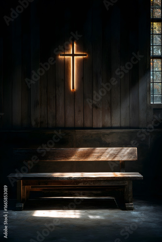 Wallpaper Mural An empty wooden bench inside a small chapel, with a glowing cross at the front illuminated by sunlight, evoking prayer, reflection, and peace Torontodigital.ca