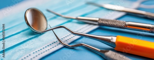 The Dental Instruments and Surgical Mask Arranged on Blue Medical Background