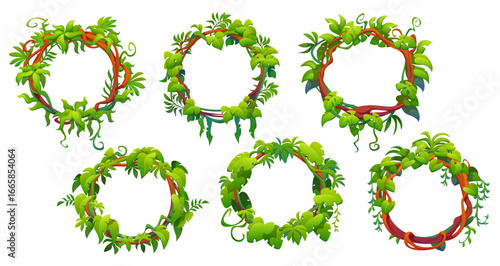 Tropical jungle forest liana vine round frames of branches with green leaves, vector plants. Tropical rainforest liana circle frames of twisted monstera leaf with vine twigs or tendrils of ivy sprouts