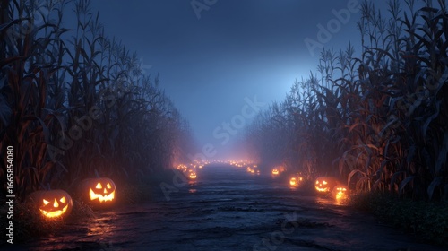 Glowing Pumpkins Line a Foggy Cornfield Path at Night