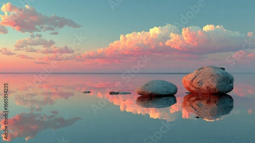 Fototapeta Naklejka Na Ścianę i Meble -  Serene sunset over calm water, reflecting pastel clouds and smooth stones