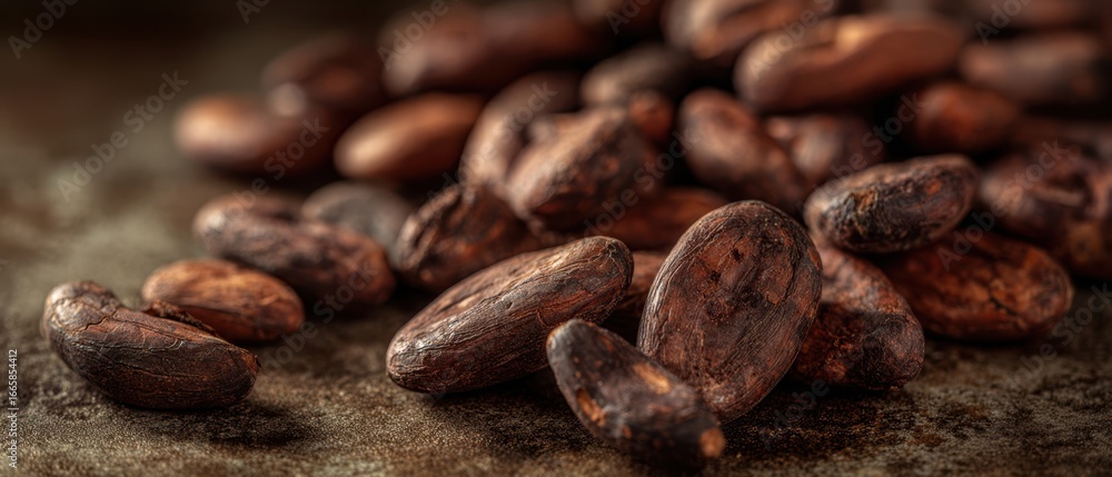 Obraz premium The Cacao Beans Closeup Rich Textured Rustic Chocolate Ingredients in Warm Light