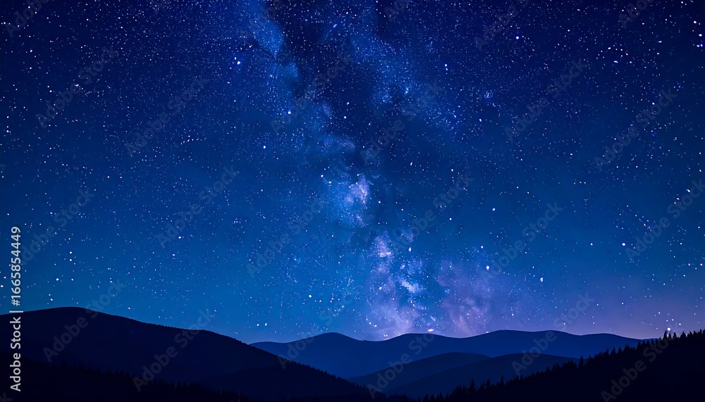 Fototapeta premium A captivating view of a night sky filled with countless stars and the vibrant Milky Way, silhouetted against a dark mountain range.