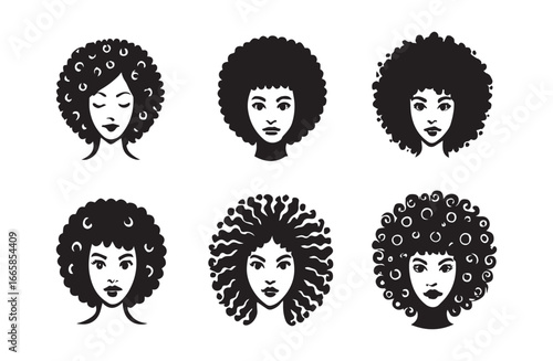 Six black and white graphic illustrations of women with afro hairstyles woman