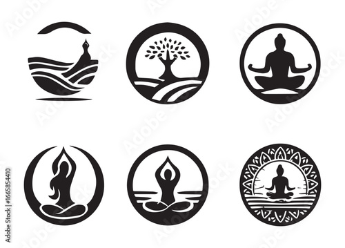 Six black and white circular icons depicting yoga meditation and nature themes spiritual