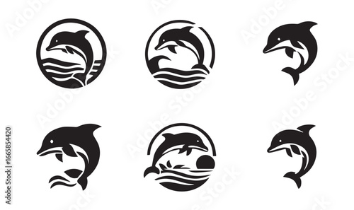 Six black silhouette dolphin logos with waves and circles black and white ocean