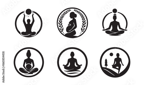 Six black silhouette icons of people in yoga poses and nature scenes meditation black and white