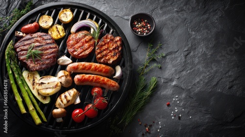 Wallpaper Mural Overhead shot of a grill with assorted meats and veggies, white marble countertop, gray slate background, natural shadows Torontodigital.ca