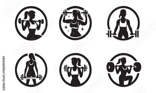 Six black silhouette icons of women exercising with weights fitness woman