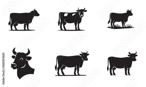 Six black silhouette cows and cow head illustrations on white background cattle bovine