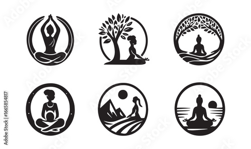 Six black silhouette icons of people meditating in nature settings yoga meditation