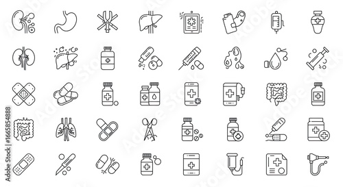  Human organs treatment pills first aid medical instruments and more. Outline icon 