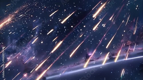 Starfall in sky, bright meteorites glow in atmosphere