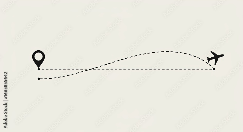 Fototapeta premium Flight route from a waypoint with an airplane silhouette. Vector