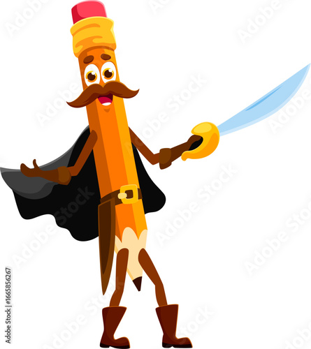 Cartoon pencil education school stationery pirate and corsair crew character with saber in hand. Isolated vector adventurous captain writing tool personage creating artful mischief in the high seas