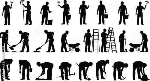 Silhouettes of construction workers performing various tasks, painting, digging, carrying tools, working with ladders, manual labor, teamwork, building site activities