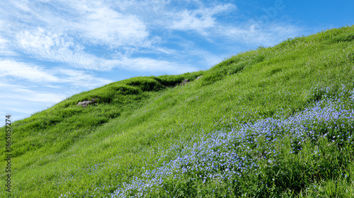 Beautiful green hillside adorned with vibrant blue flowers under a clear blue sky. A serene landscape perfect for nature lovers.