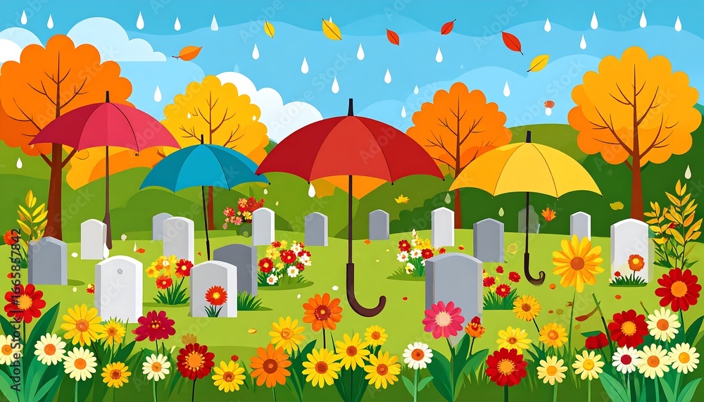Fototapeta premium Autumn Rain Cemetery Scene.