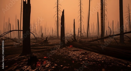 Burnt forest after wildfire under smoky sky

