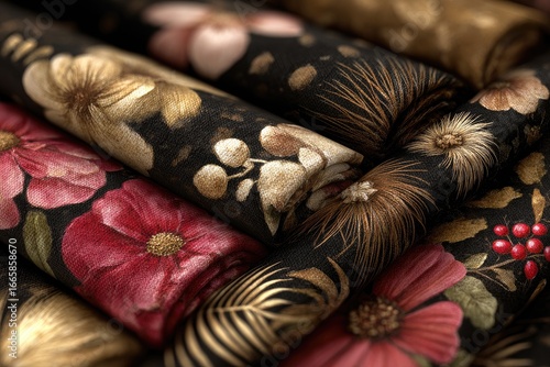 Rolled fabric swatches, floral and botanical patterns in muted colors