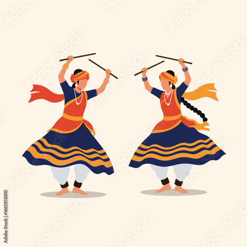 Traditional indian performers engaged in energetic garba dance with sticks during festive celebrations