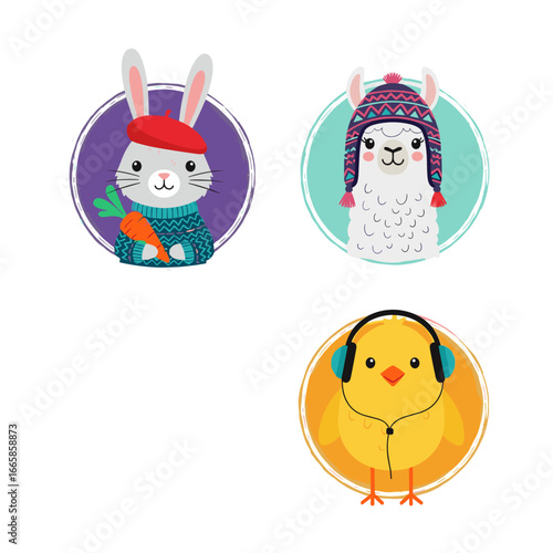Adorable cartoon animals wearing hats and holding carrots for cute stickers or decorations
