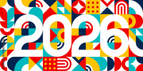 2026 new year banner with Bold white numbers over vibrant geometric background of colorful retro modern patterns in red, yellow, blue and teal. Vector dynamic, festive calendar date for holiday events