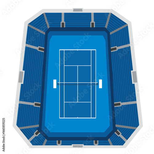 Top view of a modern outdoor tennis court with blue seating stadium for spectators and sports enthusiasts