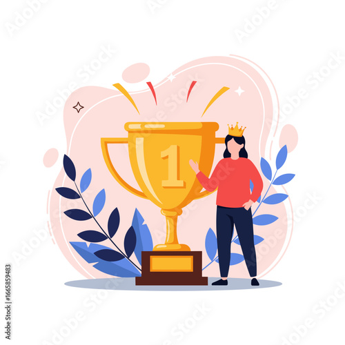 Woman wearing crown standing next to large golden trophy with number one symbol celebrating achievement and success