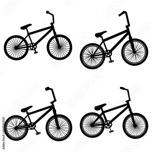 Four bmx bikes in silhouette arranged on a white background showing wheels handlebars and seats design