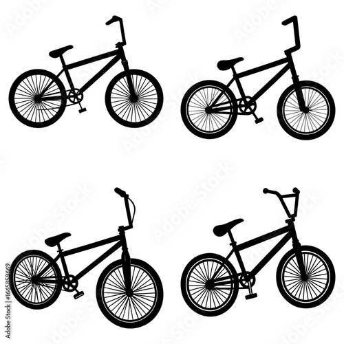 Silhouette illustration of four bmx bikes with different handlebar styles on a white background