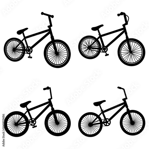 Silhouette illustration of four bmx bikes with different handlebar styles and seat positions in a grid layout