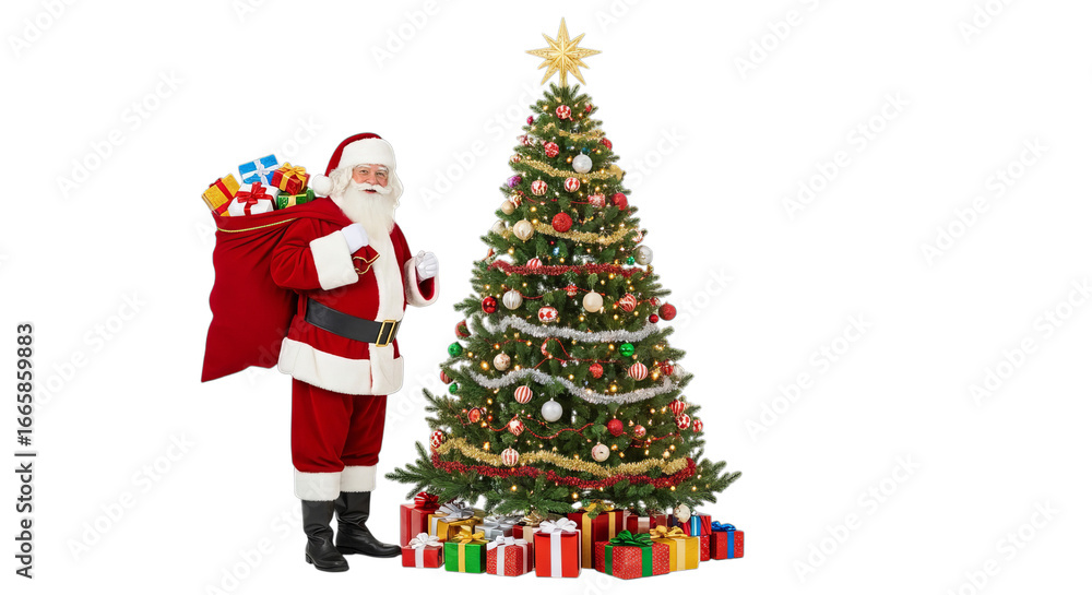 Naklejka premium Santa Claus Posing by a Decorated Christmas Tree with Gift Bag