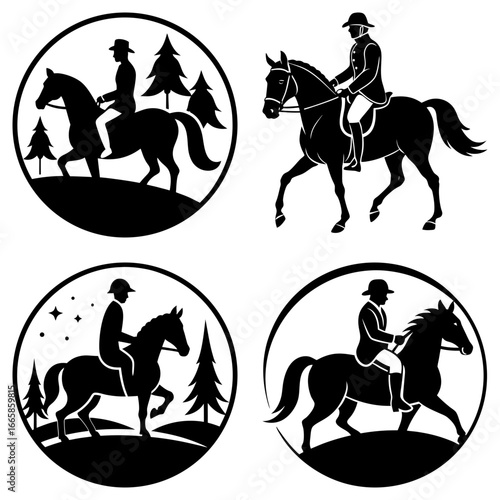 Silhouette illustrations of riders on horseback in various outdoor settings inside circular borders design