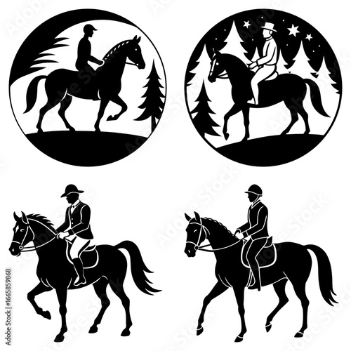 Four equestrian silhouettes showing riders on horses in various poses and settings in black and white art