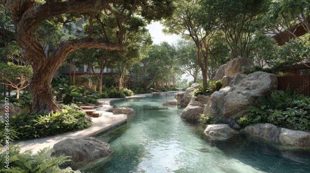 Naklejka premium Serene Tropical Pool Landscape with Lush Greenery