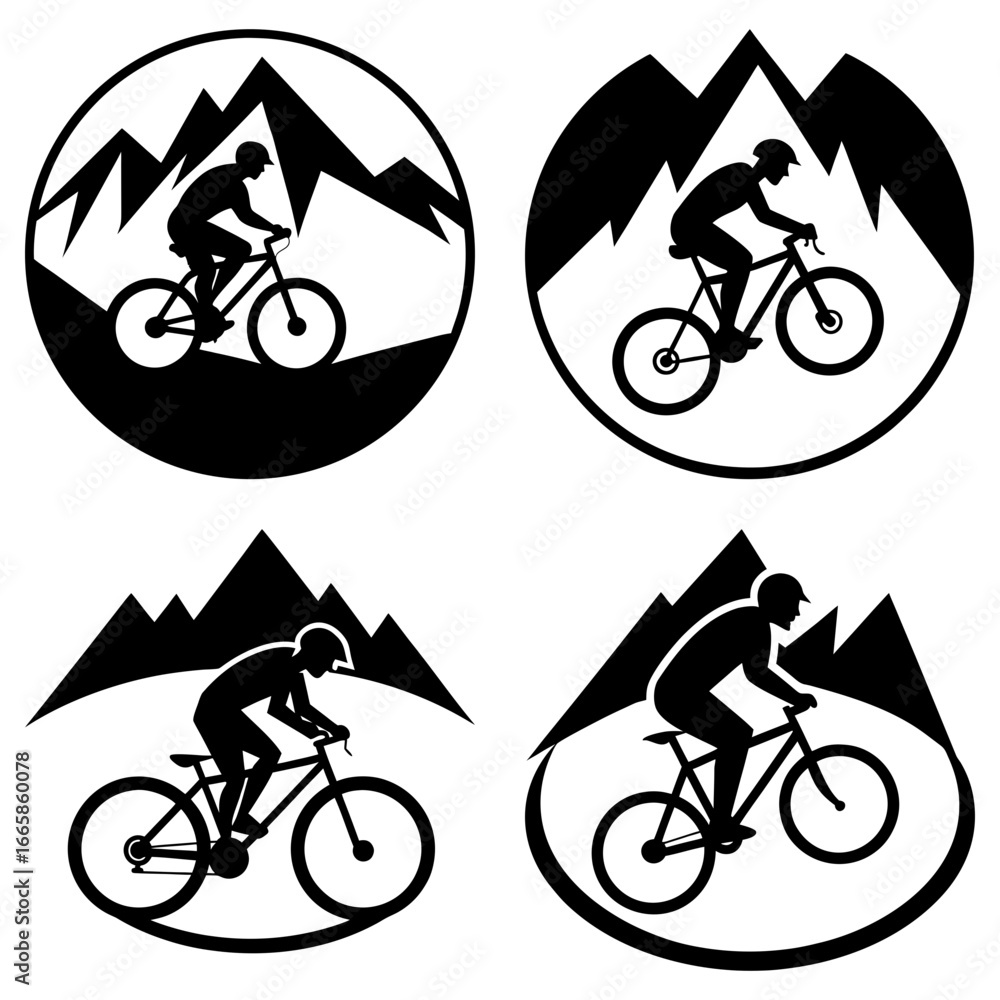 Obraz premium Four black and white mountain biking illustrations in circular and triangular frames showing cyclists 100