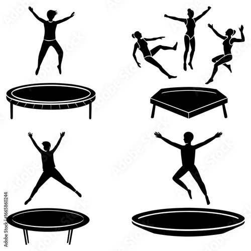 Silhouettes of people jumping and posing on trampolines in various positions and trampoline shapes