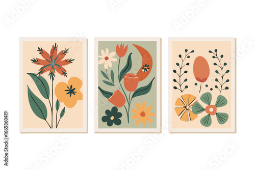 Bohemian floral triptych with abstract shapes and muted earthy tones