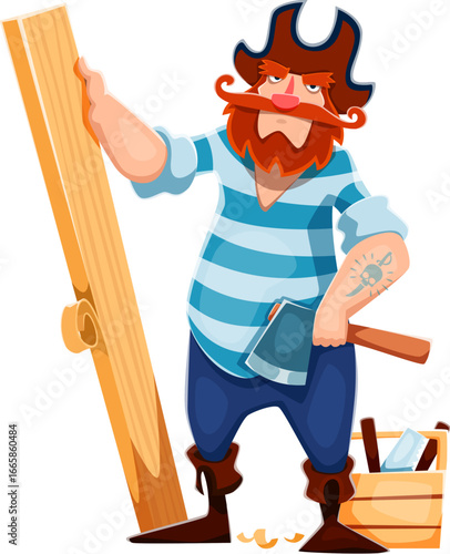 Cartoon pirate carpenter ship crew character in striped shirt holds an axe and wooden plank with a toolbox nearby. Vector corsair sporting a red beard, tattoo, and tricorn hat, ready for ship repair