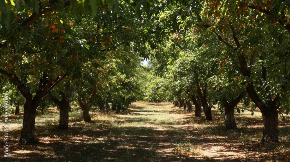 Naklejka premium Sunlit Apricot Orchard Rows in Summer
