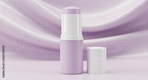 Purple and white cosmetic stick container with its cap off, revealing the product, set against a soft, draped lavender background.