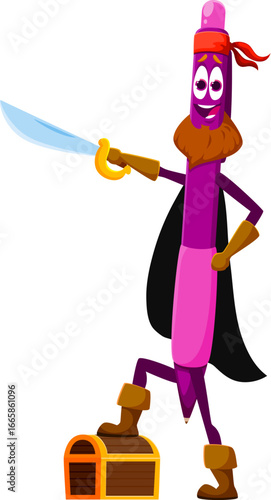 Cartoon pen education school stationery pirate and corsair crew character defending treasure chest. Isolated vector writing tool whimsical bearded swashbuckler captain personage with saber and loot