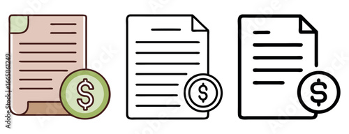 Three document styles paired with a dollar coin display paper payment concepts, on transparent background