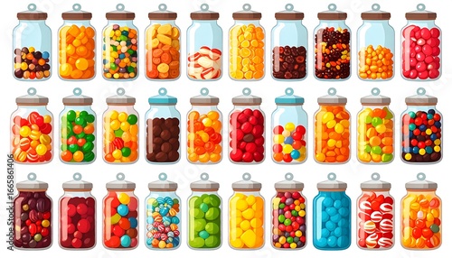 Colorful glass jars filled with various sweet treats, showcasing a vibrant array of candies in different colors and shapes.