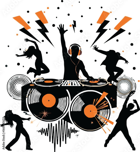 Silhouette DJ with raised arms and dancing figures surrounded by music-themed elements.