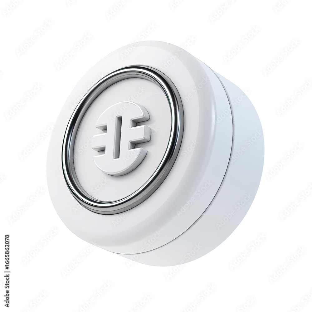 White 3D round button with metallic trim and a stylized 'E' symbol White 3D round button with metallic trim and a stylized 'E' symbol